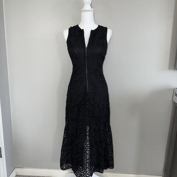 A.L.C. Women's Rollins Guipure Lace Dress Sleeveless Black Sz 2 Midi Silk Lined - Picture 3 of 10